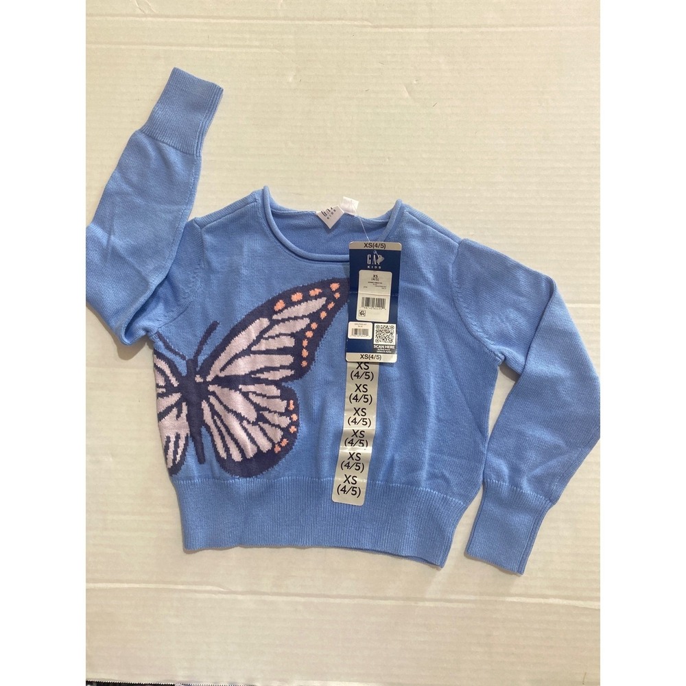 Gap Kids Blue Butterfly 100% Cotton Knit Girl's Sweater XS 4/5 Long Sleeve #3 - Picture 1 of 6